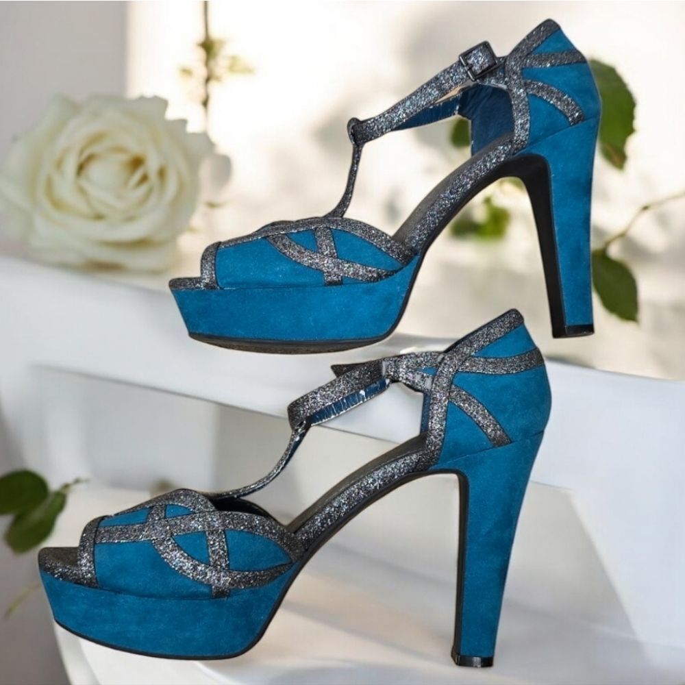 Gianni Bini Women's GB Teal Suede Glitter Platform Pumps Peep Toe 9M Formal Club